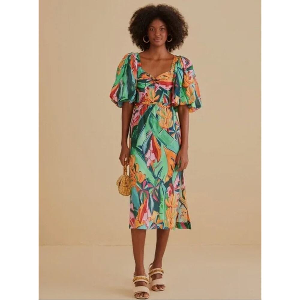 Anthropologie Farm Rio Banana Foliage Puff-Sleeve Voile Midi Dress Small
